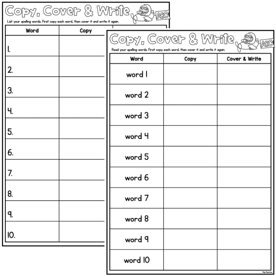 Copy, Cover & Write Spelling Template - Top Teacher