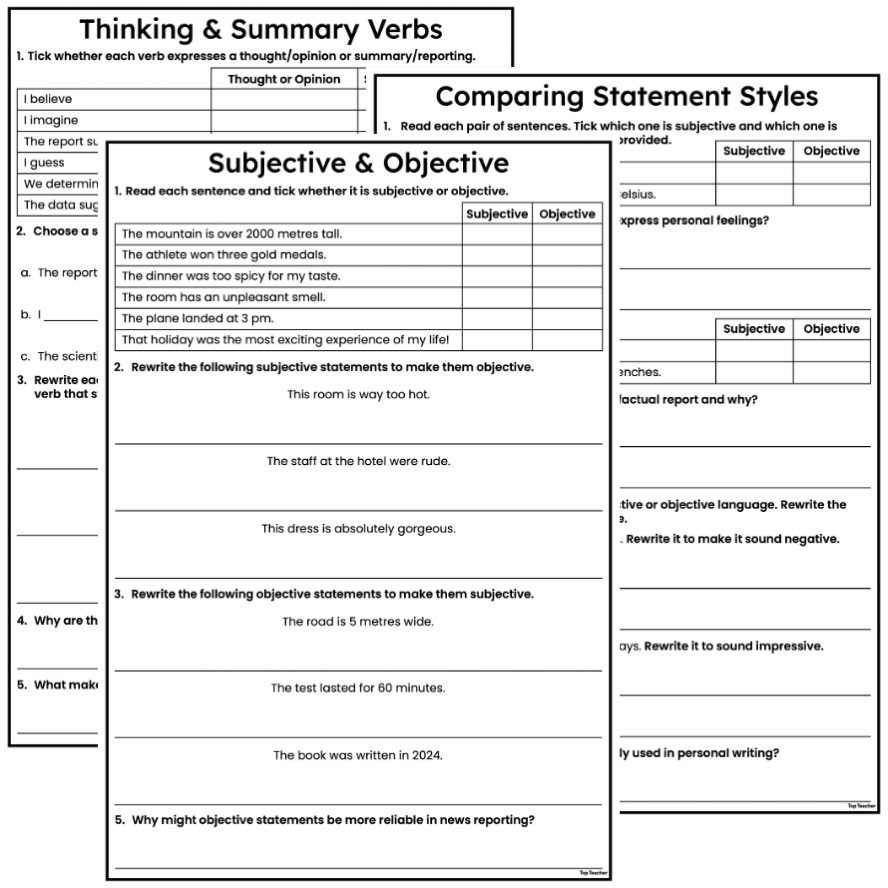 Understanding Subjective and Objective Language Worksheets PACKAGE ...