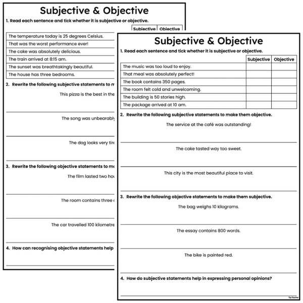 Understanding Subjective and Objective Language Worksheets PACKAGE ...