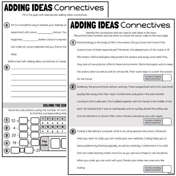 Adding Ideas Text Connectives Code Breaker Worksheets - Top Teacher