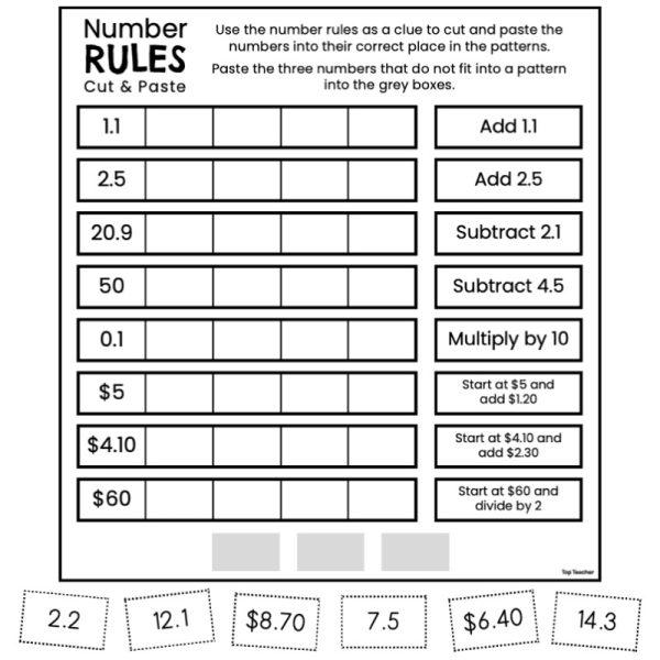 Number Rules Cut & Paste Worksheets: Decimal Number Patterns - Top Teacher