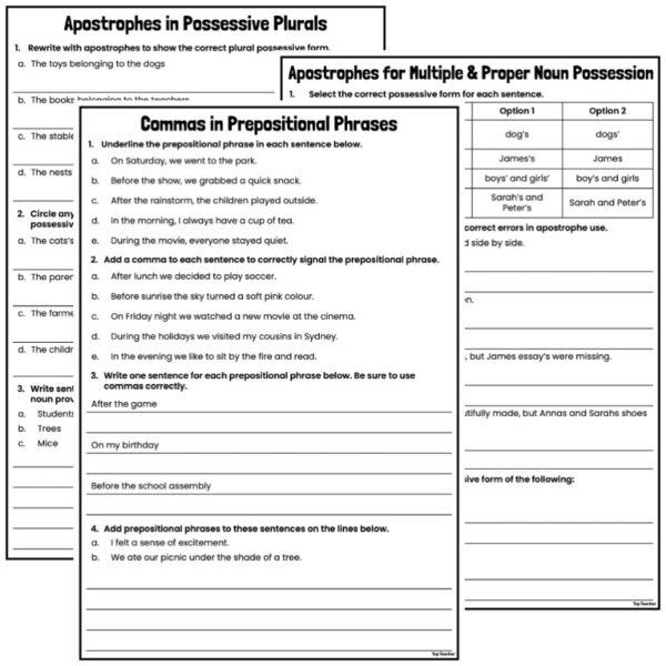 Commas & Apostrophes Worksheets PACKAGE - Top Teacher