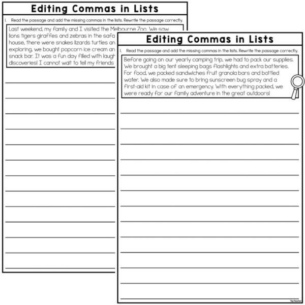 Identifying Commas in Lists Worksheets - Top Teacher