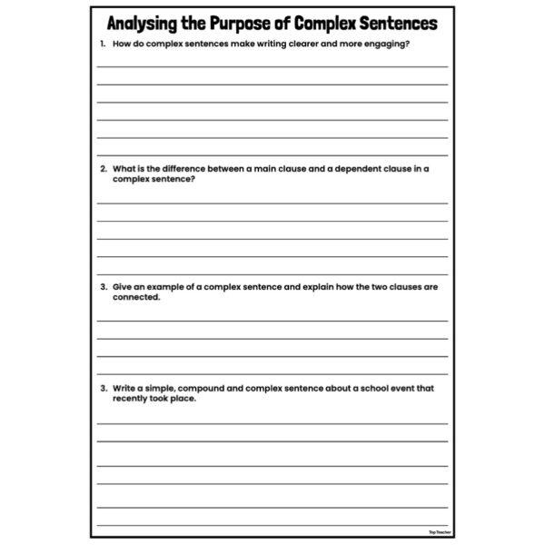 Analysing the Purpose of Complex Sentences Worksheets - Top Teacher