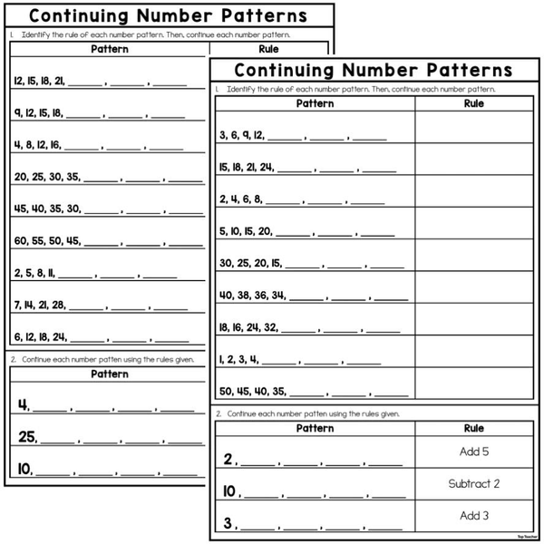 Continuing Number Patterns: 1 & 2-Digit Numbers Worksheets - Top Teacher