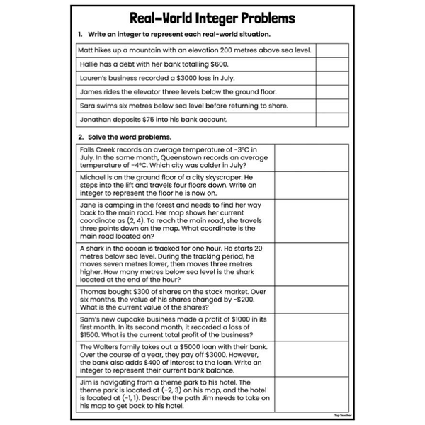 Real-World Integer Problems Worksheets - Top Teacher