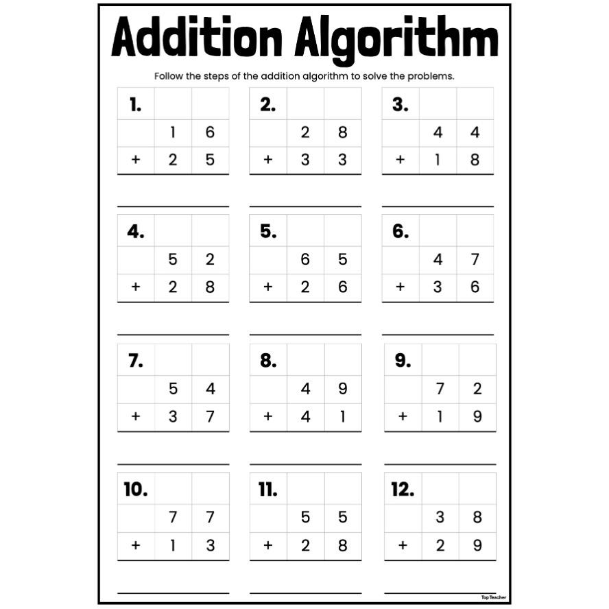 Addition Algorithm Worksheets - Top Teacher
