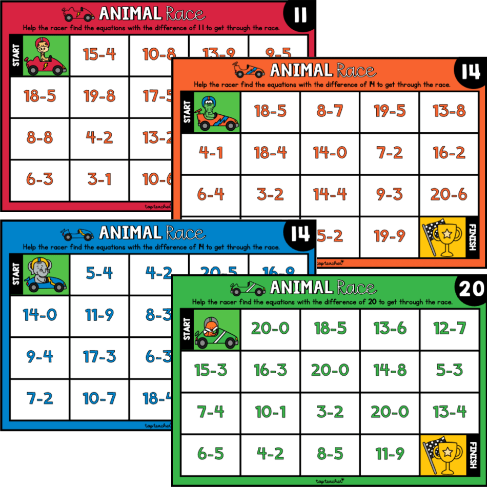 Subtraction within 20 Task Cards: Animal Race - Top Teacher