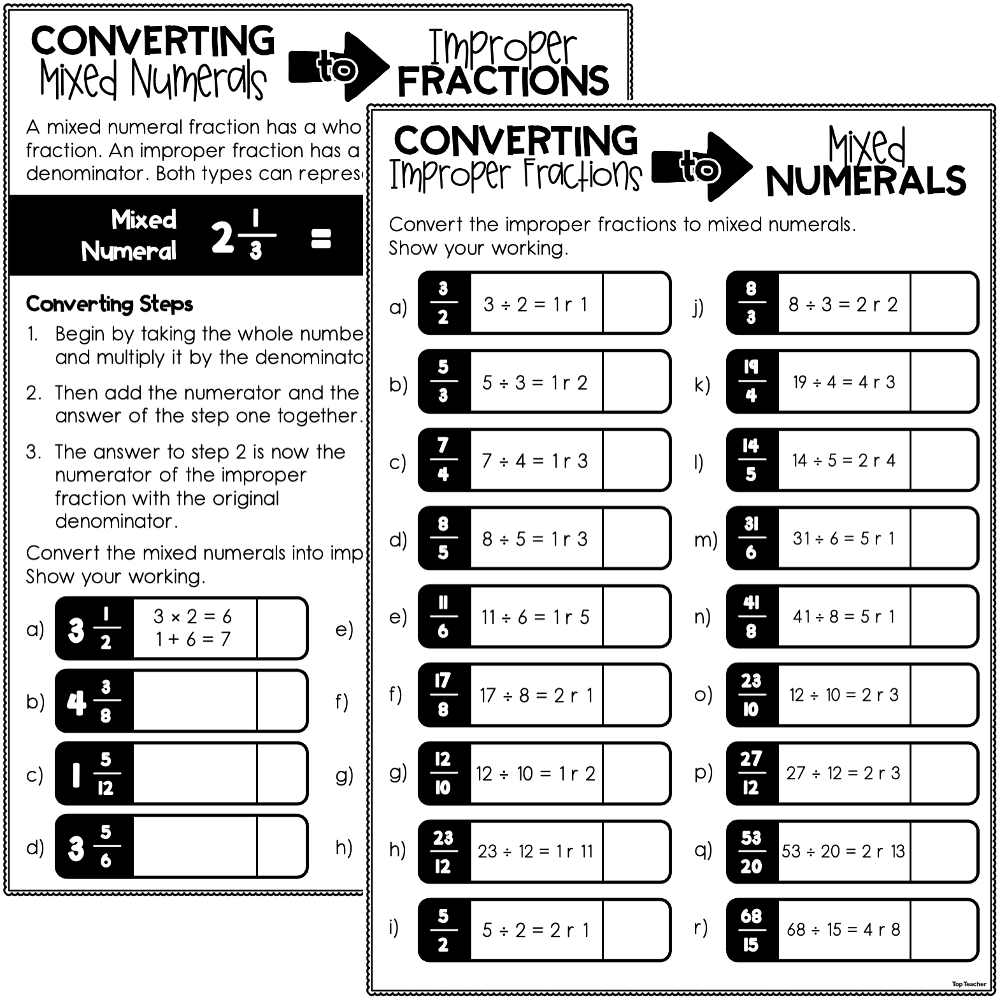 Convert Mixed Numbers To Improper Fractions Worksheet