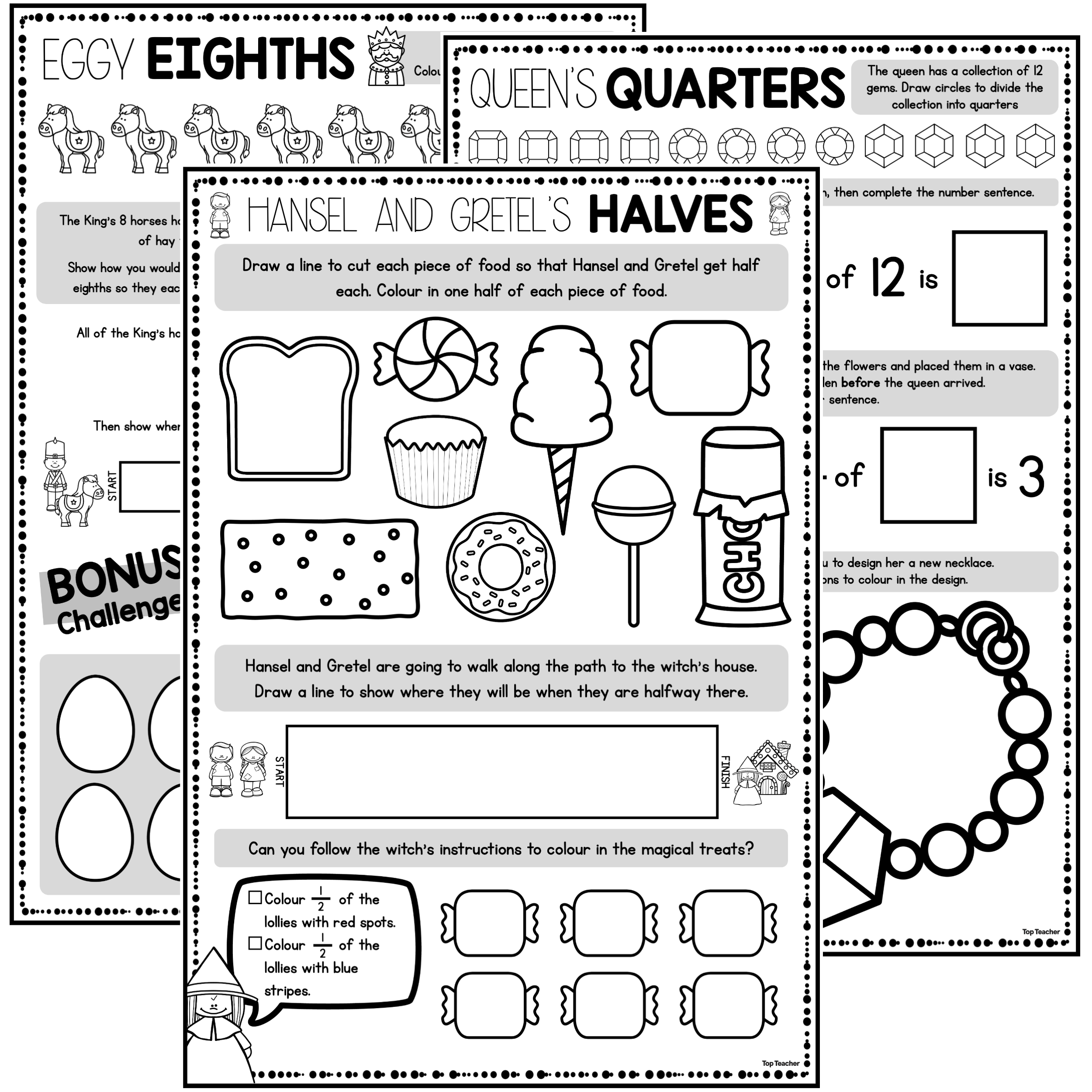 Halves, Quarters & Eighths Worksheet PACKAGE - Top Teacher