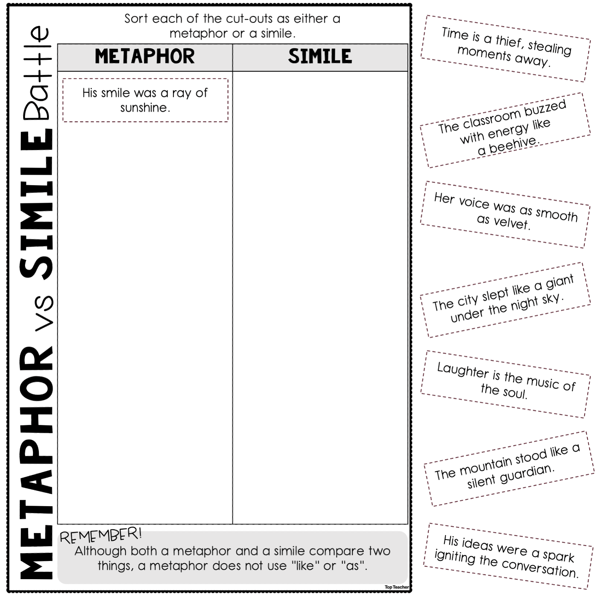 Metaphor vs Simile Battle Sort Worksheet TopTeacher metaphor vs simile battle sort worksheet - top teacher