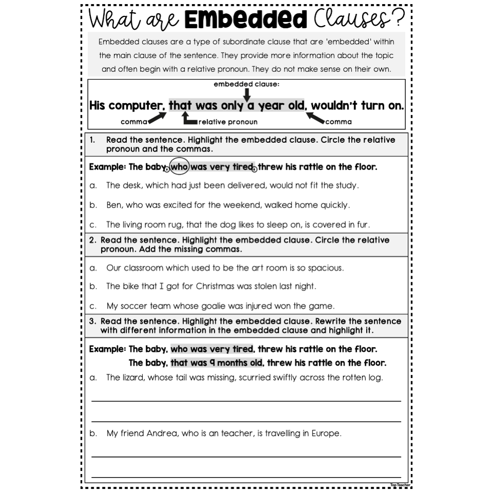 What Are Embedded Clauses? Worksheet - Top Teacher