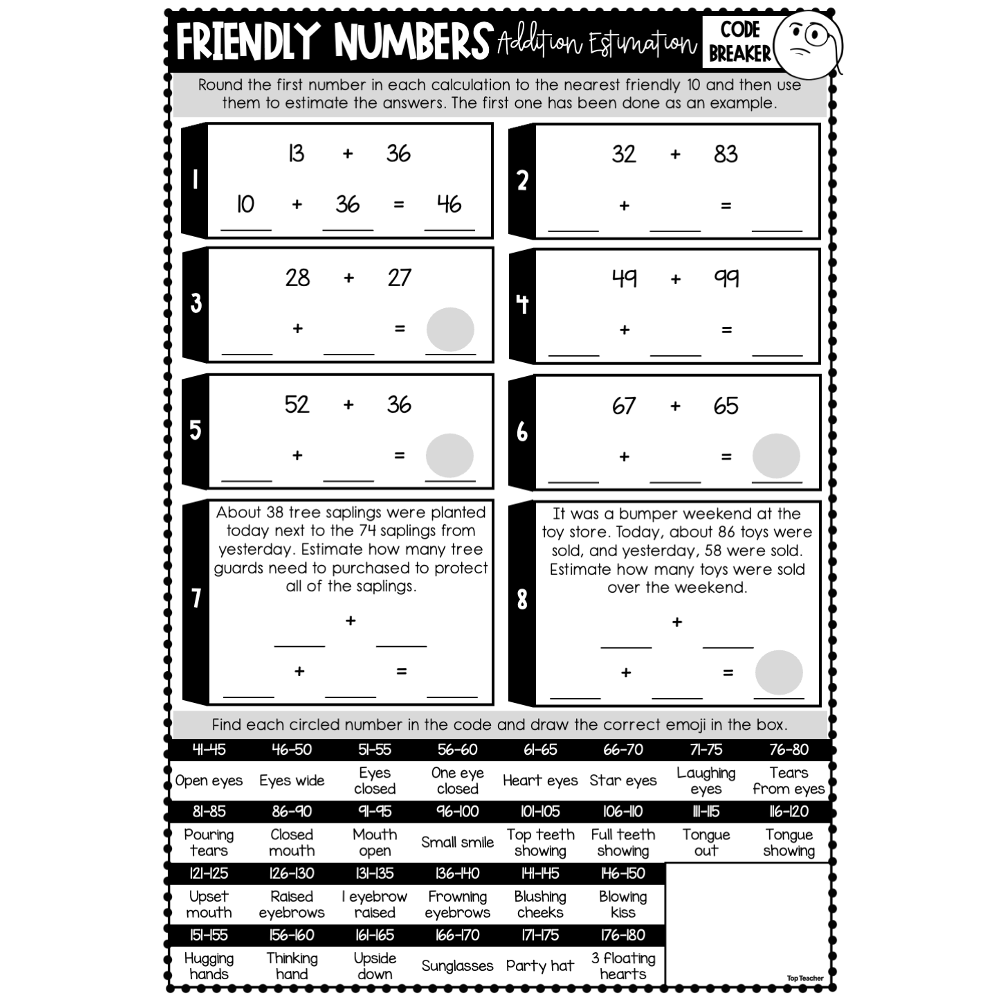 Friendly Numbers Addition Code Breaker Worksheets - Top Teacher