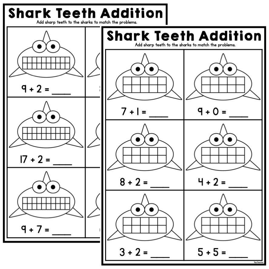 Sharp Shark Teeth: Addition to 10 & 20 Worksheets - Top Teacher