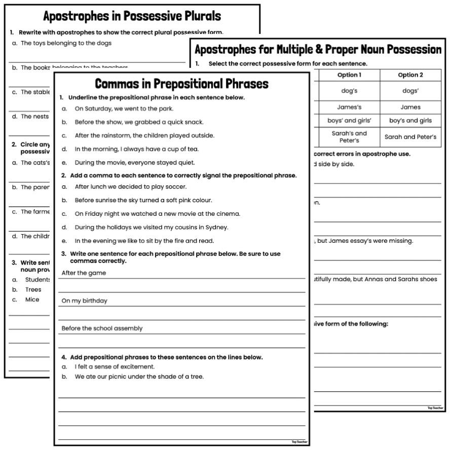 Commas & Apostrophes Worksheets PACKAGE - Top Teacher