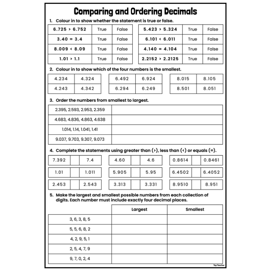 Comparing Decimals Worksheet