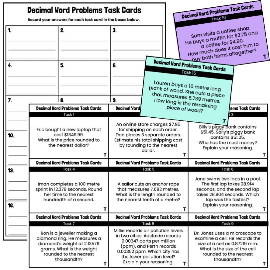 Decimal Word Problems Task Cards Activity - Top Teacher