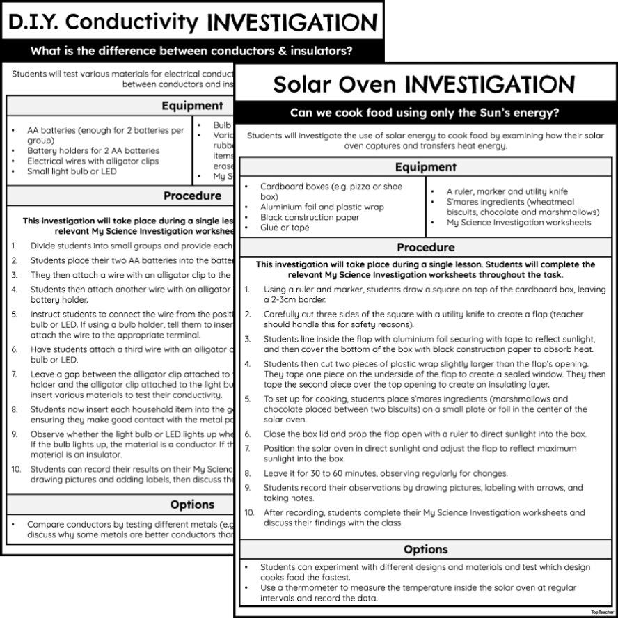 Physical Sciences Year 3 To 6 Investigations Top Teacher