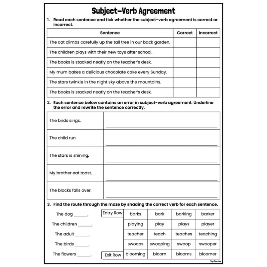 Subjectverb Agreement Worksheet
