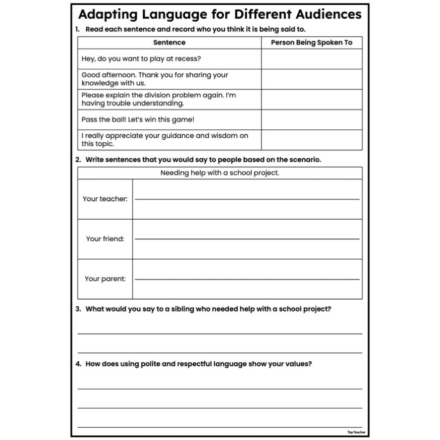 Adapting Language for Different Audiences Worksheets - Top Teacher
