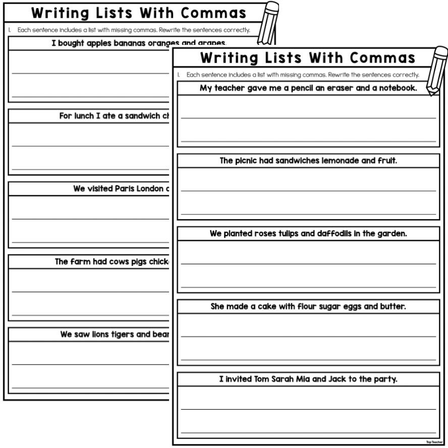 Writing Lists With Commas Worksheets - Top Teacher