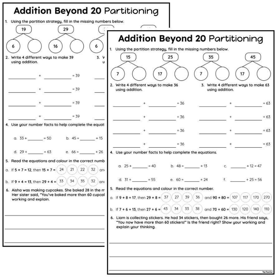 Addition Worksheets Using Partitioning Partitioning 2 Digit Numbers