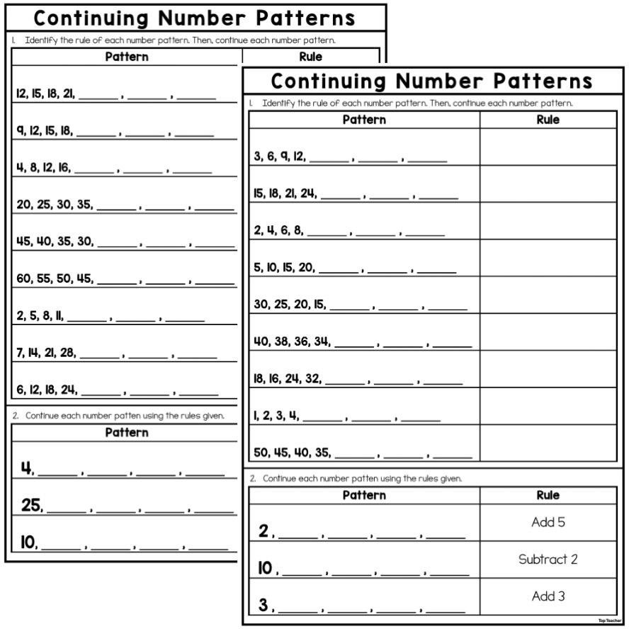 Continuing Number Patterns: 1 & 2-Digit Numbers Worksheets - Top Teacher