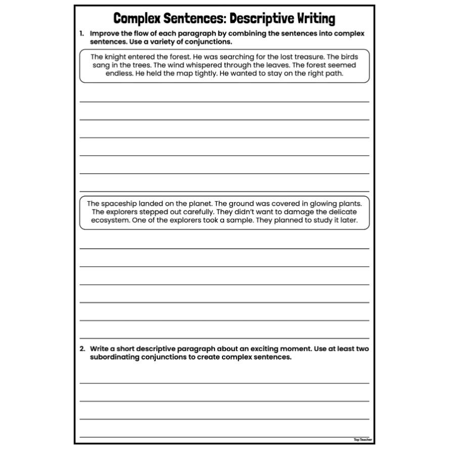 Complex Sentences: Descriptive Writing Worksheets - Top Teacher
