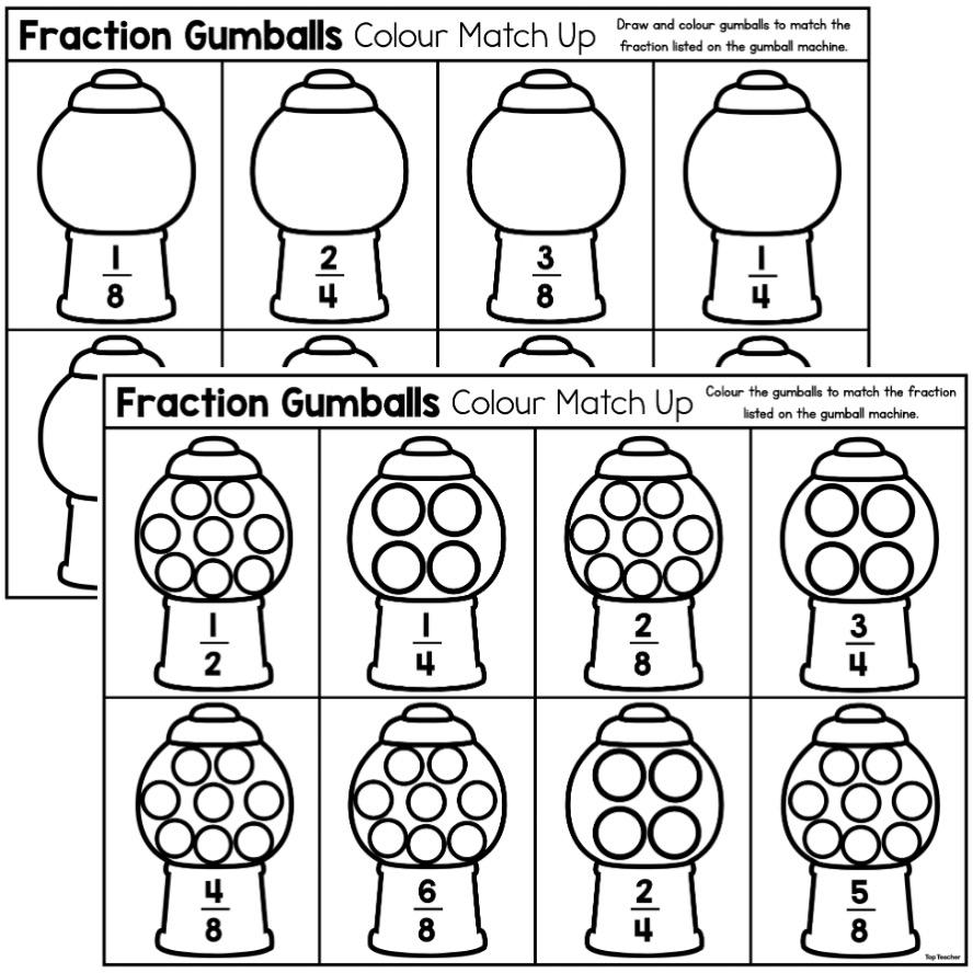 Fraction Gumballs Colour Match Up: Halves, Quarters & Eighths ...